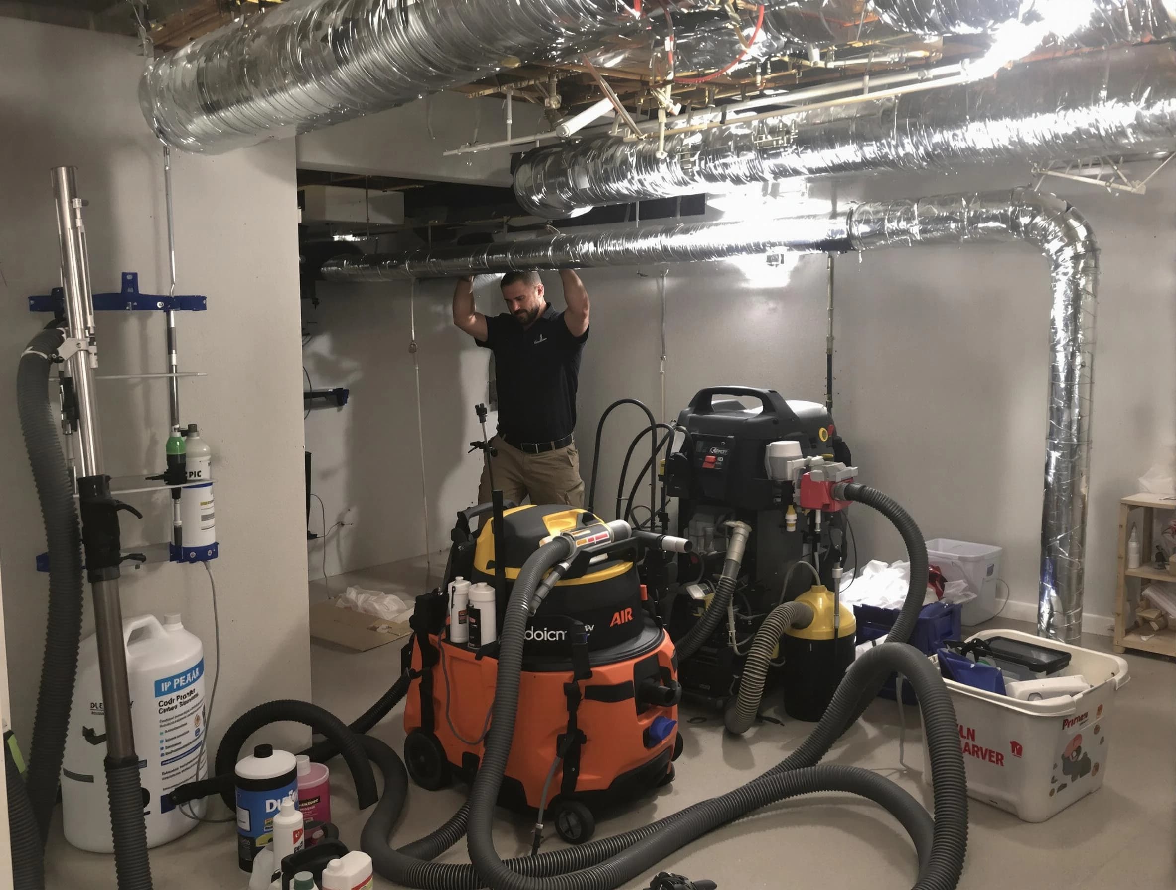 Portland Air Duct Cleaning specialist performing professional mold removal from air ducts using safety equipment in Portland