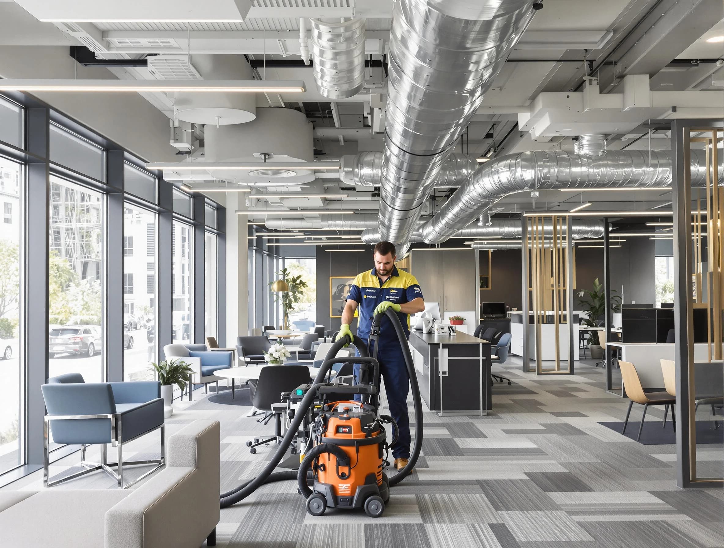 Portland Air Duct Cleaning team performing thorough commercial duct cleaning at a Portland business center