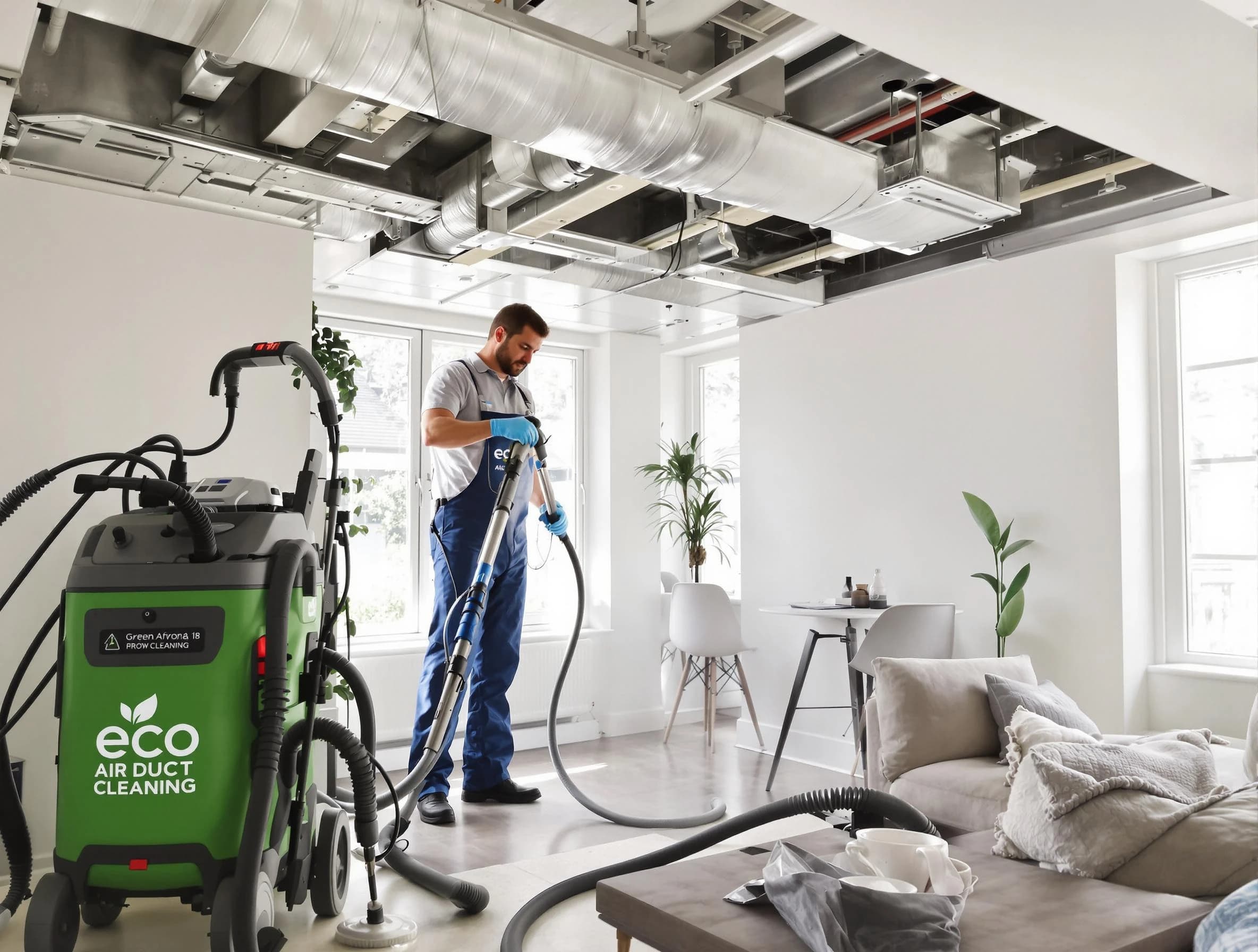 Portland Air Duct Cleaning technician performing eco-friendly duct cleaning using sustainable methods in Portland